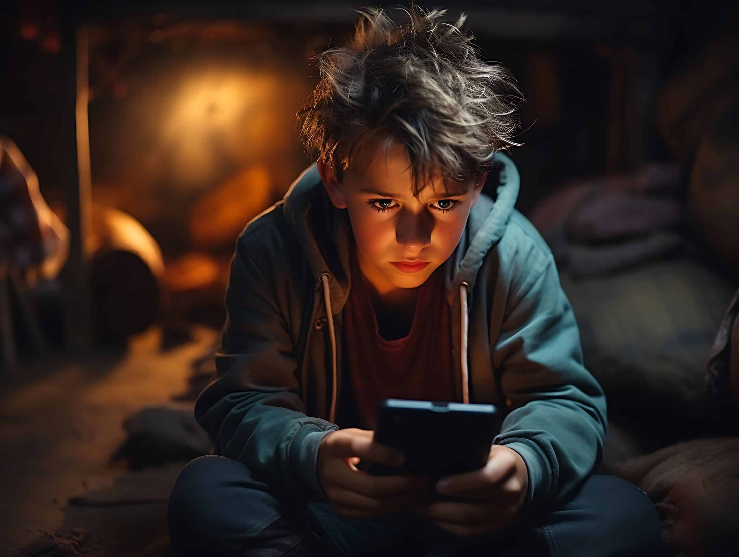 Distressed child reading threatening messages on a screen