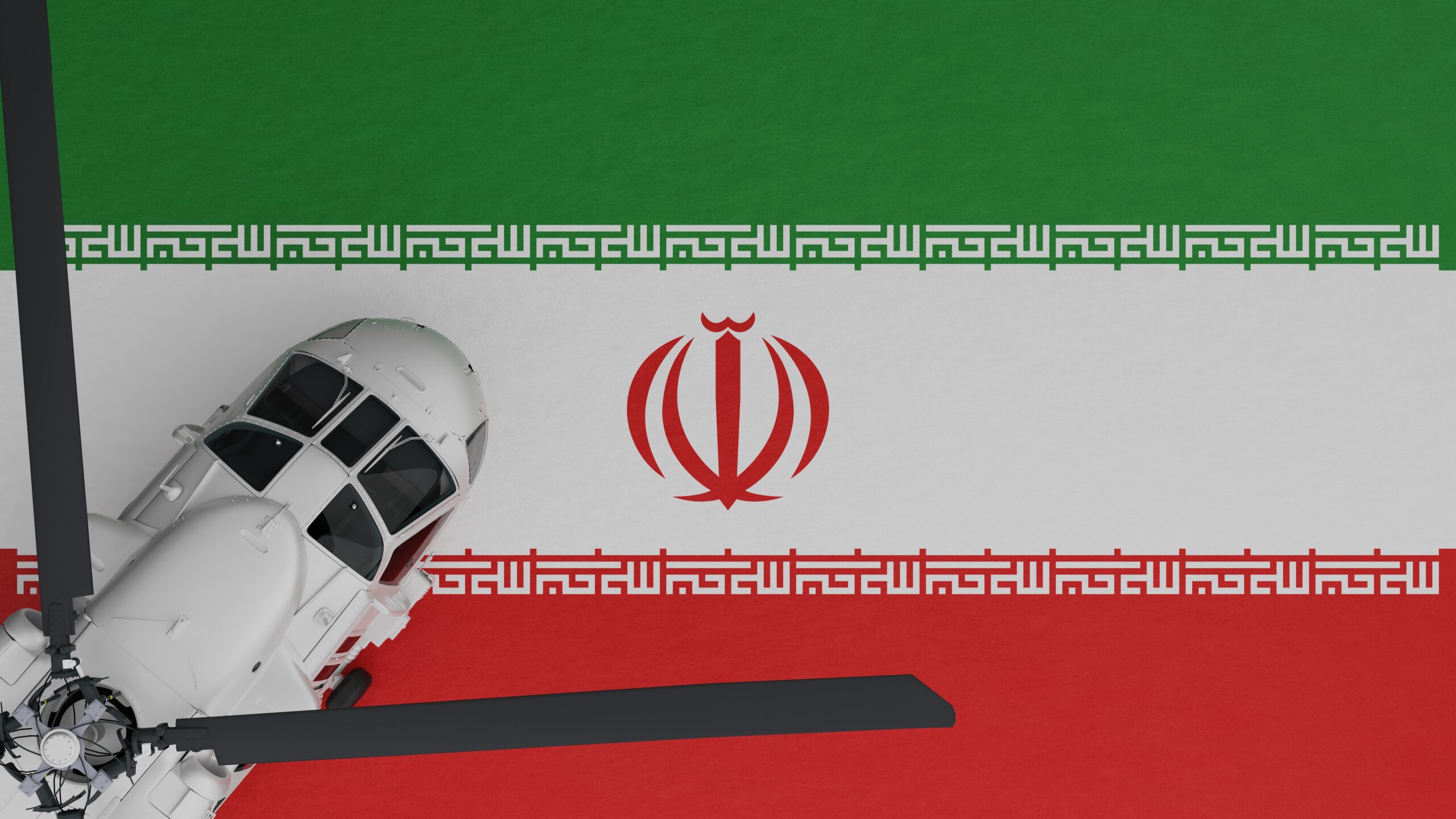 Iranian flag with a white helicopter partially visible on the left side.