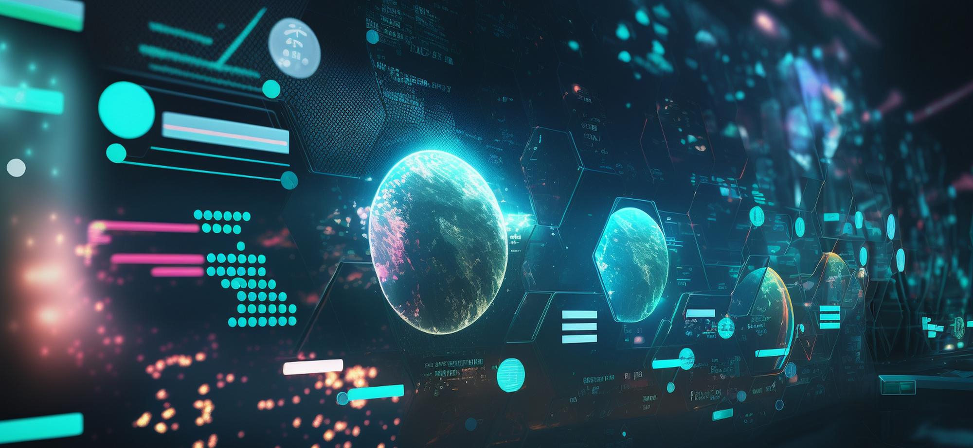 Digital visualization of global data networks and information flow, featuring illuminated Earth globes and futuristic interface elements.