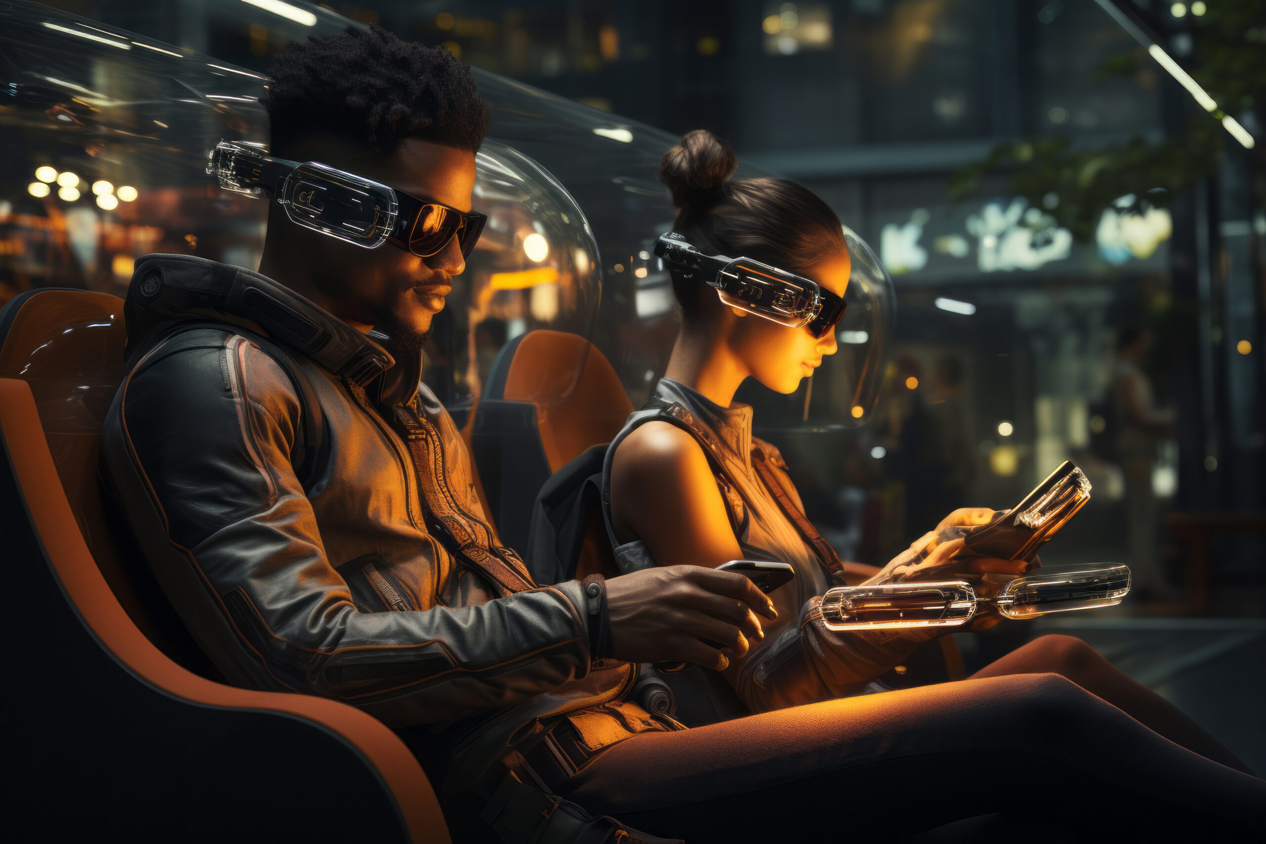 two people sitting inside of an artificial turf seat using their glasses as an example, in the style of futuristic robots, elegant cityscapes, emotive lighting, smooth and curved lines, dark gray and light amber, studyplace