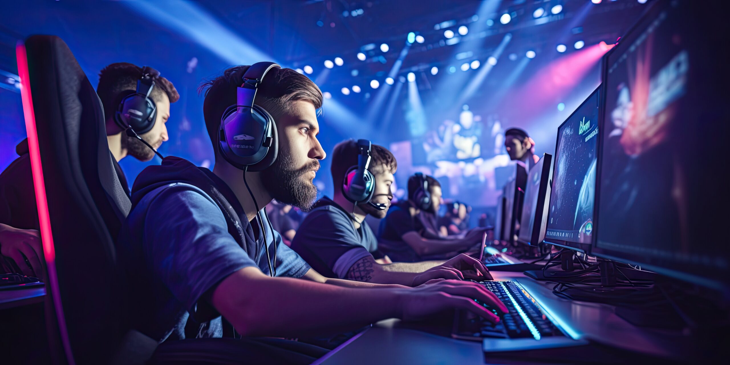 Professional gamers competing in an intense esports tournament.