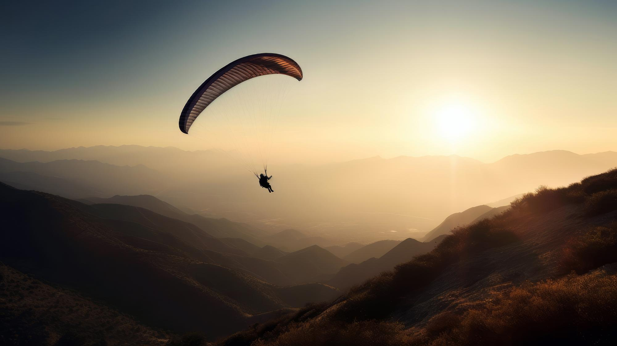 A paraglider soaring over mountainous terrain during sunset, with a warm, golden glow illuminating the scene.