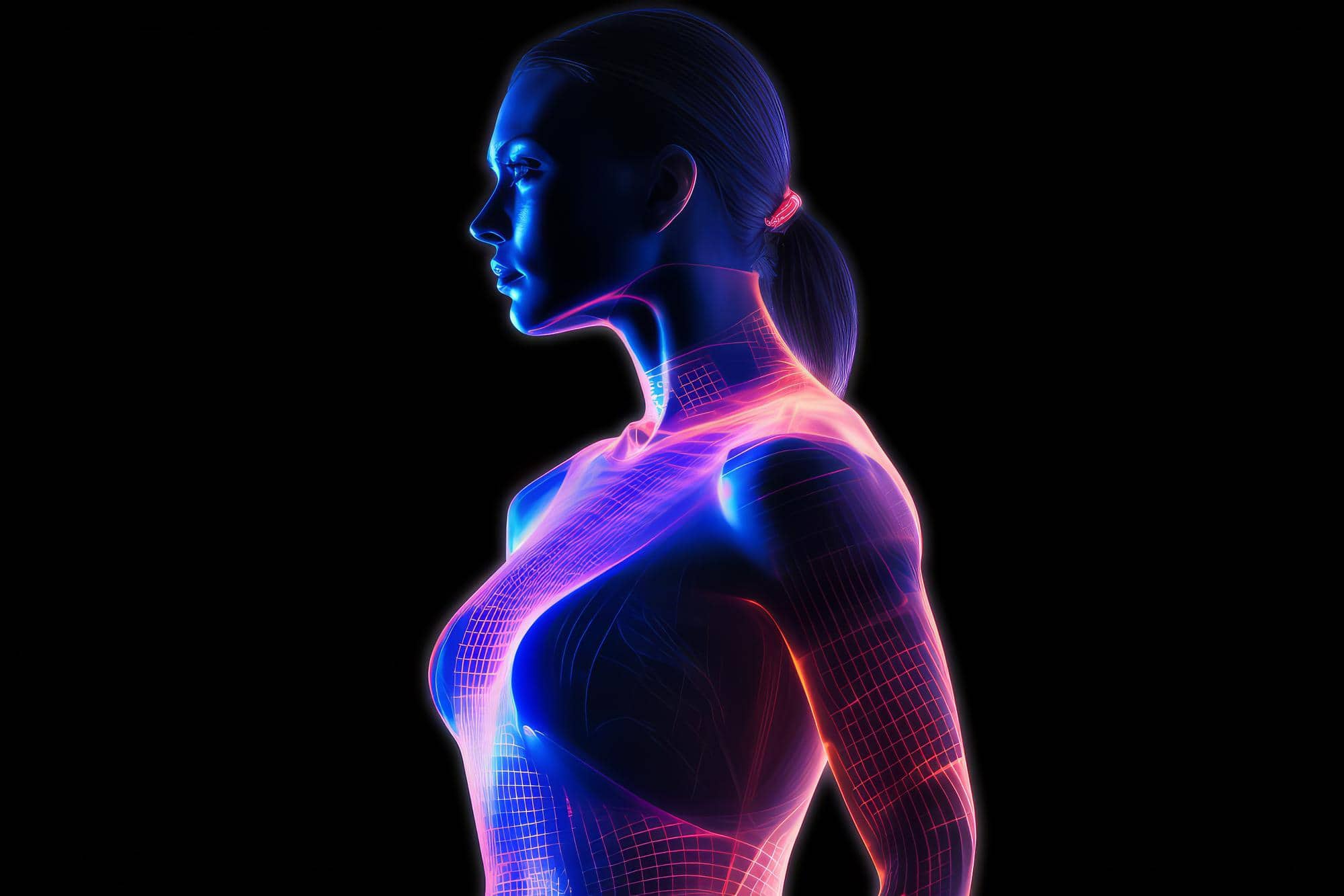 A digital illustration of a woman's profile with a glowing blue and pink overlay, highlighting her muscles and internal structure, against a black background.