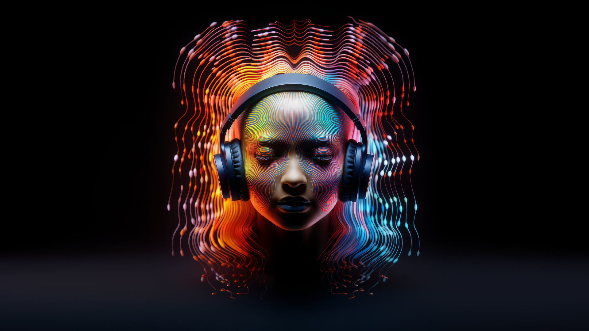Abstract representation of AI-generated music with a human face wearing headphones and colorful wave patterns.