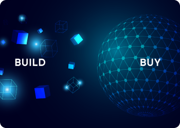 Comparison of build versus buy options with abstract blue cubes on the left and a networked globe on the right.