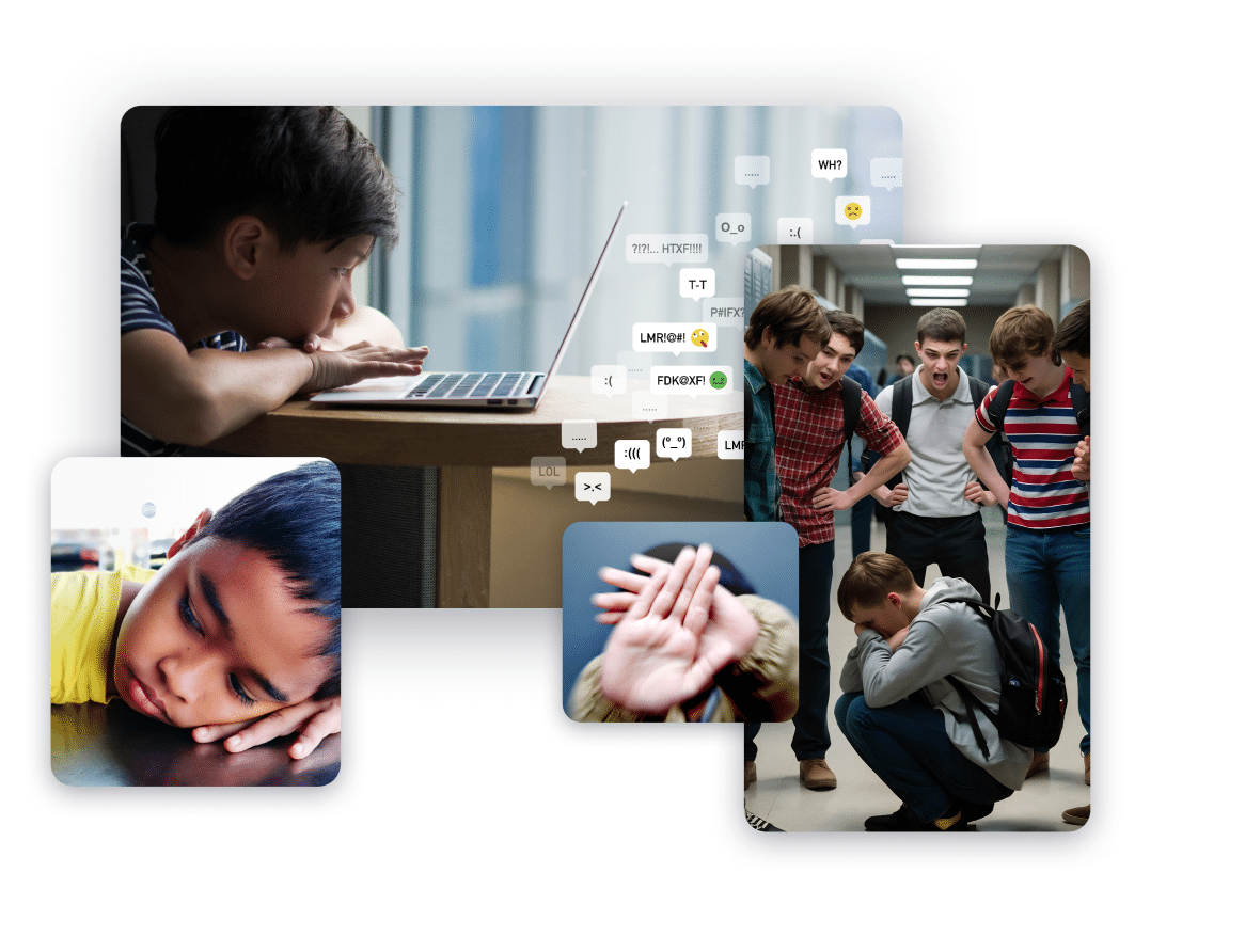 Collage of images depicting the impact of online bullying: a sad child leaning on a table, a boy looking dejected at a laptop, a group of teenagers bullying a peer in the hallway, and a child covering his face in distress.