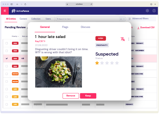 ActiveFence platform showing a review of a food delivery titled '1 hour late salad' with a profanity warning and image of a salad.
