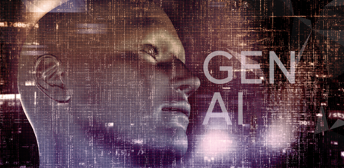 Profile view of a person with the text 'GEN AI' overlaid, representing generative AI technology.