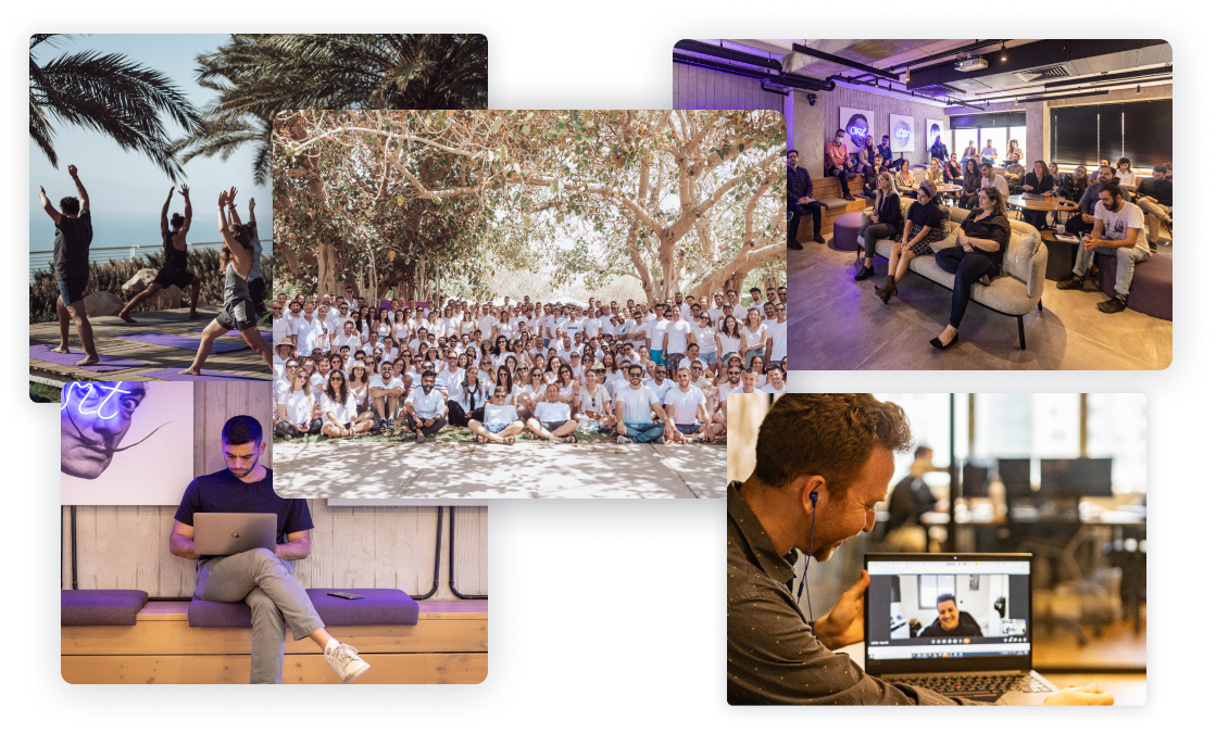 A collage of images showcasing various team activities: people doing yoga outdoors, a large group photo under trees, a seminar with seated attendees, a person working on a laptop, and a virtual meeting on a laptop screen.