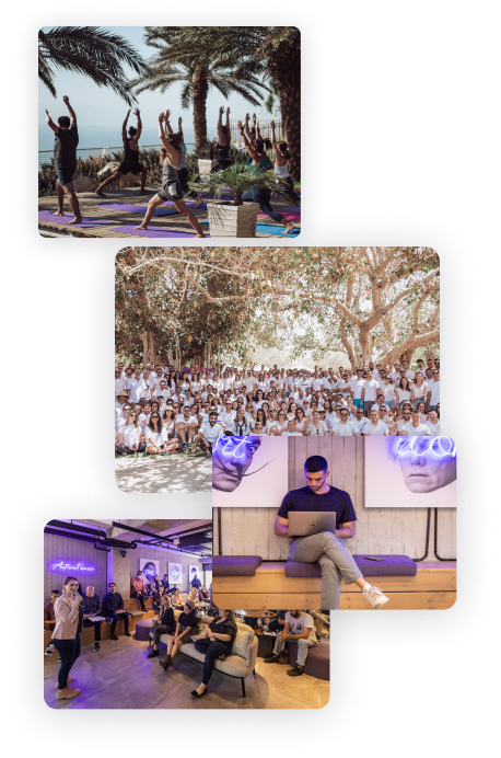 A collage of images showcasing various team activities: people doing yoga outdoors, a large group photo under trees, a seminar with seated attendees, a person working on a laptop, and a virtual meeting on a laptop screen.