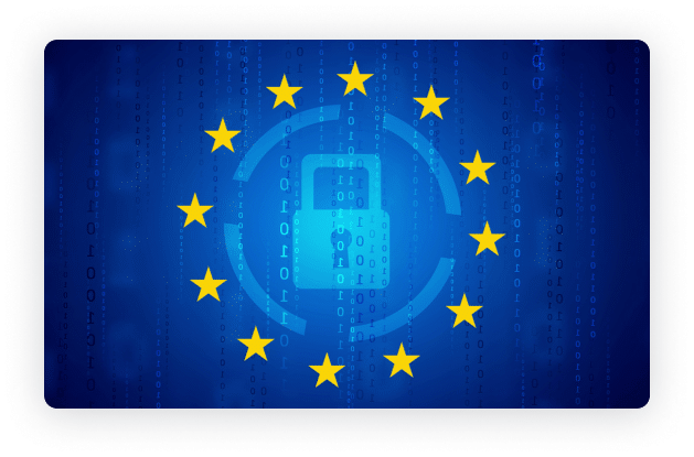 European Union flag with a padlock symbol in the center, surrounded by binary code, representing cybersecurity and data protection.