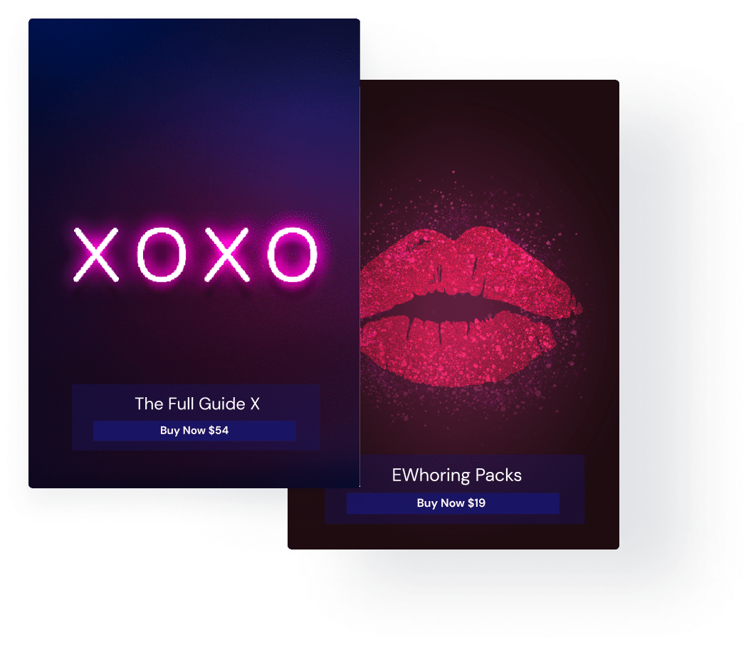 Image showing two advertisement cards. The left card features the text 'XOXO' in neon lights with the title 'The Full Guide X' and a price of . The right card displays a red glittering lips graphic with the title 'EWhoring Packs' and a price of .