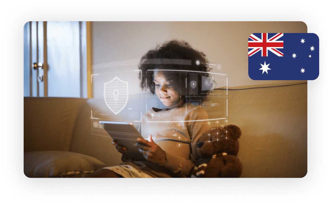 A child sitting on a couch using a tablet with digital security icons and the Australian flag overlayed in the top right corner.