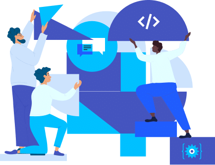 Illustration of three people working together on a digital project, featuring icons related to coding and communication.