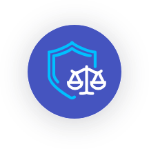 Digital icon of a shield with scales of justice on a blue circular background