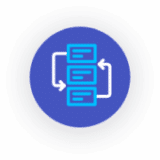 Icon representing workflow with interconnected blocks and arrows.