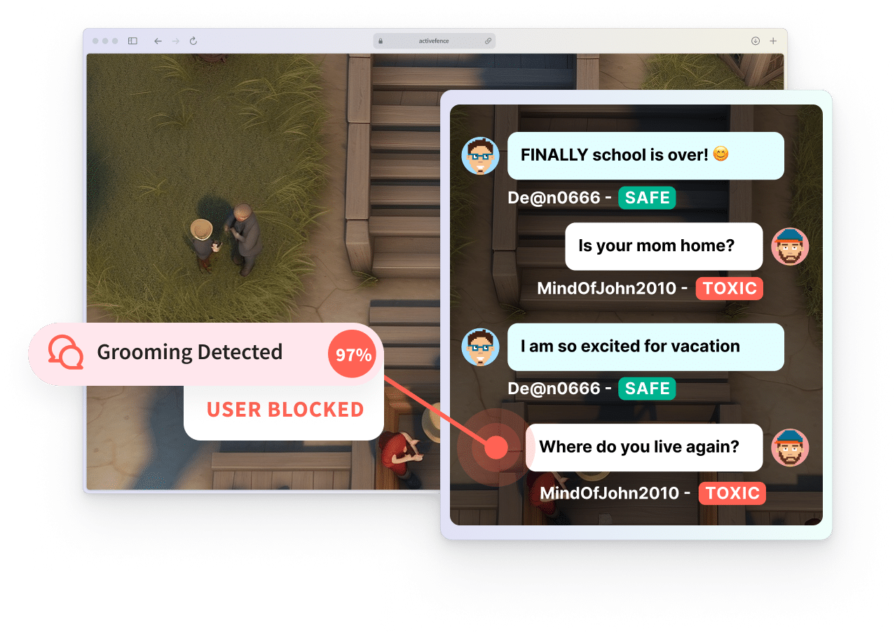 Screenshot of a game with chat messages, showing a grooming detection alert with 97% confidence and the user being blocked.