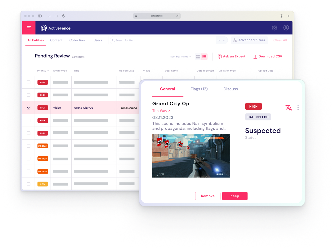 ActiveFence platform showing pending review of a video titled 'Grand City Op' flagged for hate speech with Nazi symbols.v