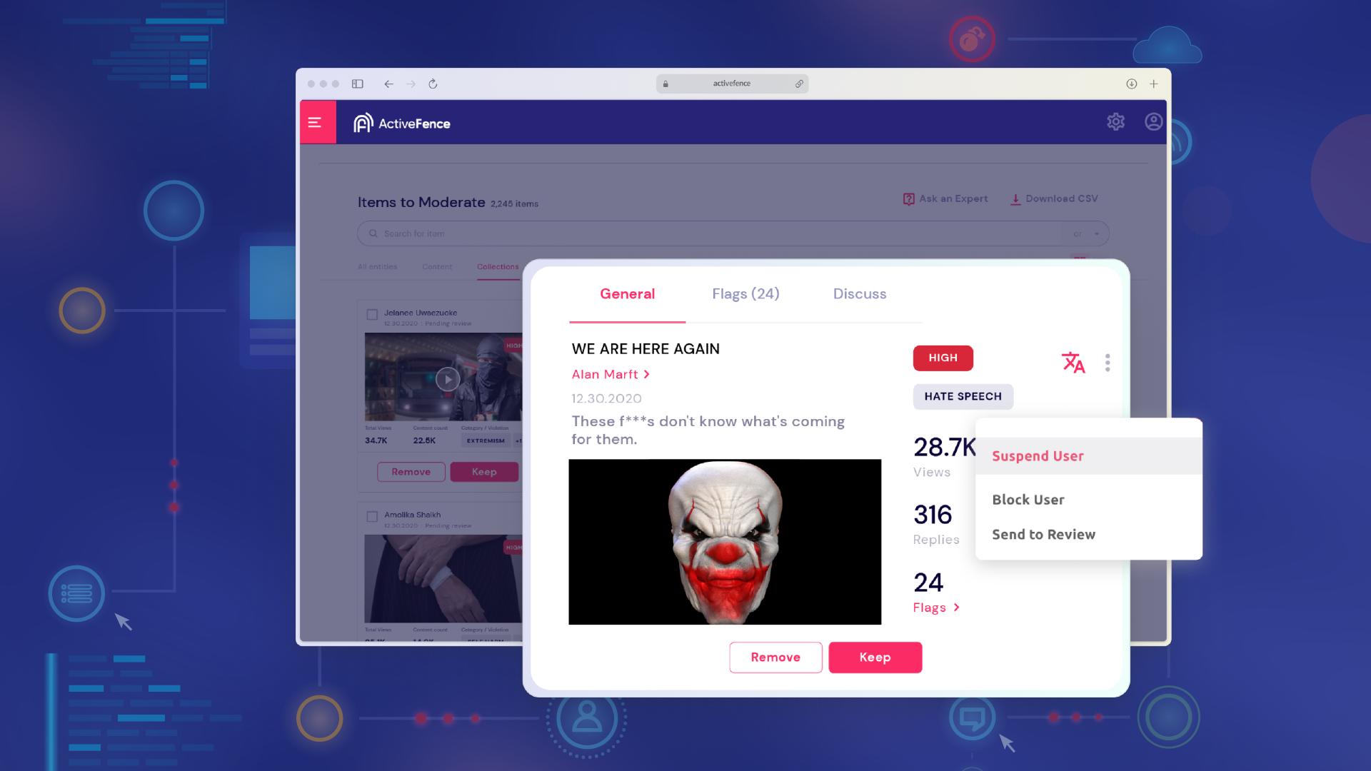 ActiveFence moderation dashboard showing flagged hate speech content