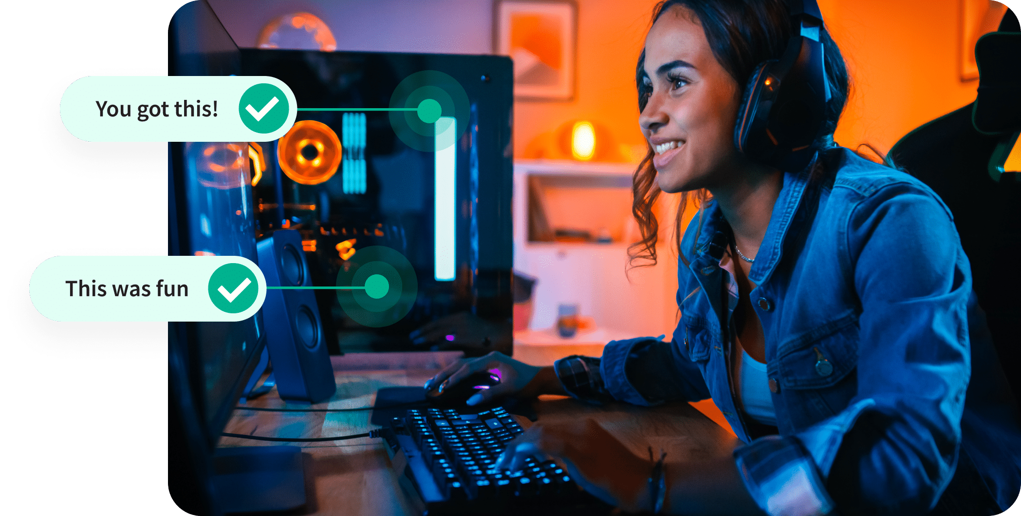 Smiling gamer receiving positive feedback messages while playing a game.